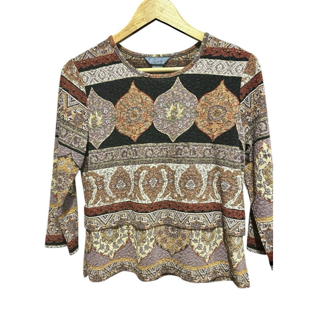 Koret Womens Blouse Size Petite Small 90s Y2K Orange All Over Print 3/4th Sleeve